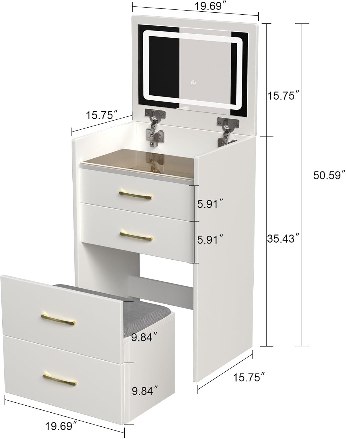 KEIKI 3 in 1 Make Up Vanity Desk with Open Top Mirror, Nesting Stool, Visible Glass Desktop & 3 Storage Drawers, 3 Lighting Color, Makeup Dresser Table or Nightstand for Bedroom, Dressing Room