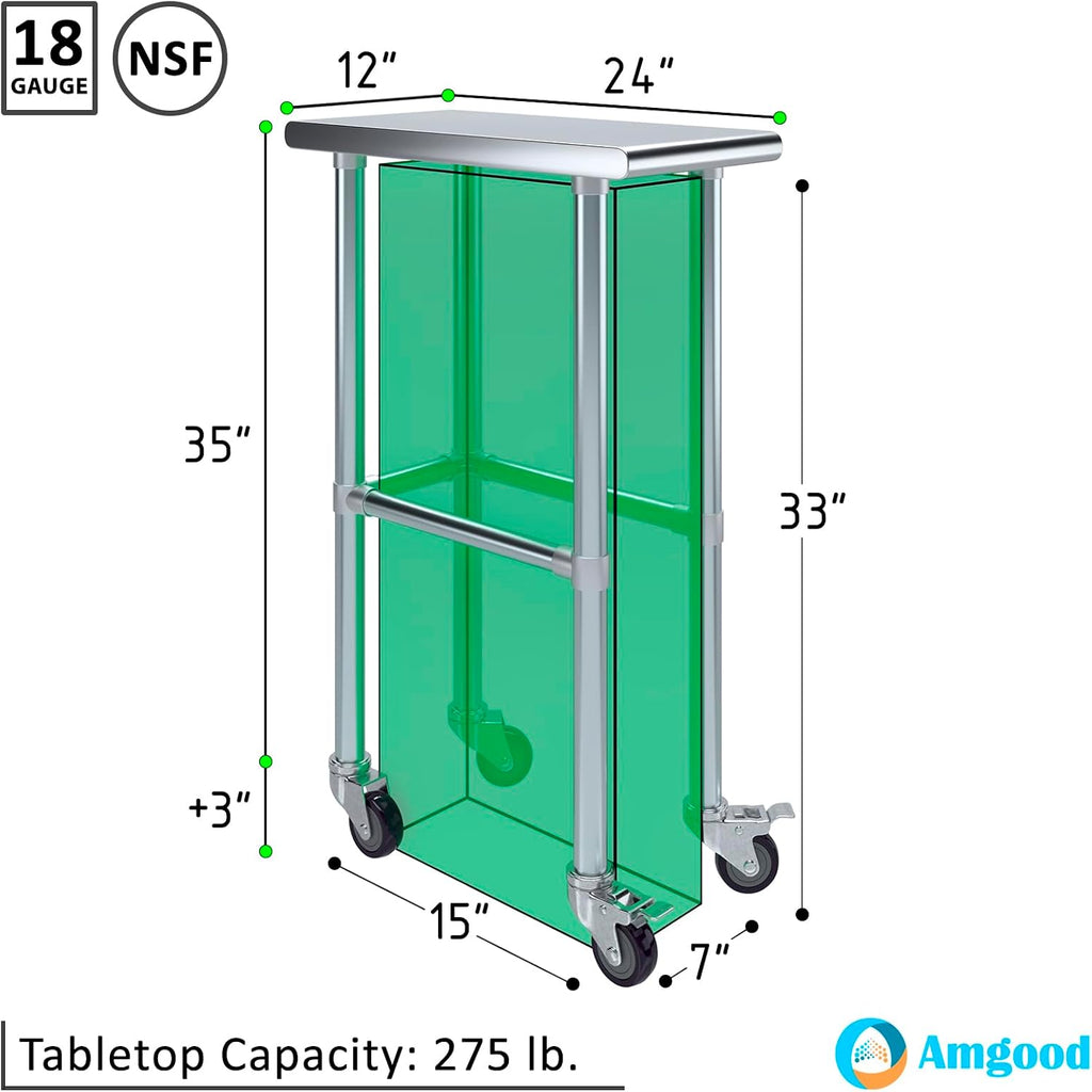 AmGood Stainless Steel Work Table Open Base & Wheels | Work Station | Metal Work Bench (Stainless Steel Work Table Open Base + Casters, 12' Long x 24' Deep)
