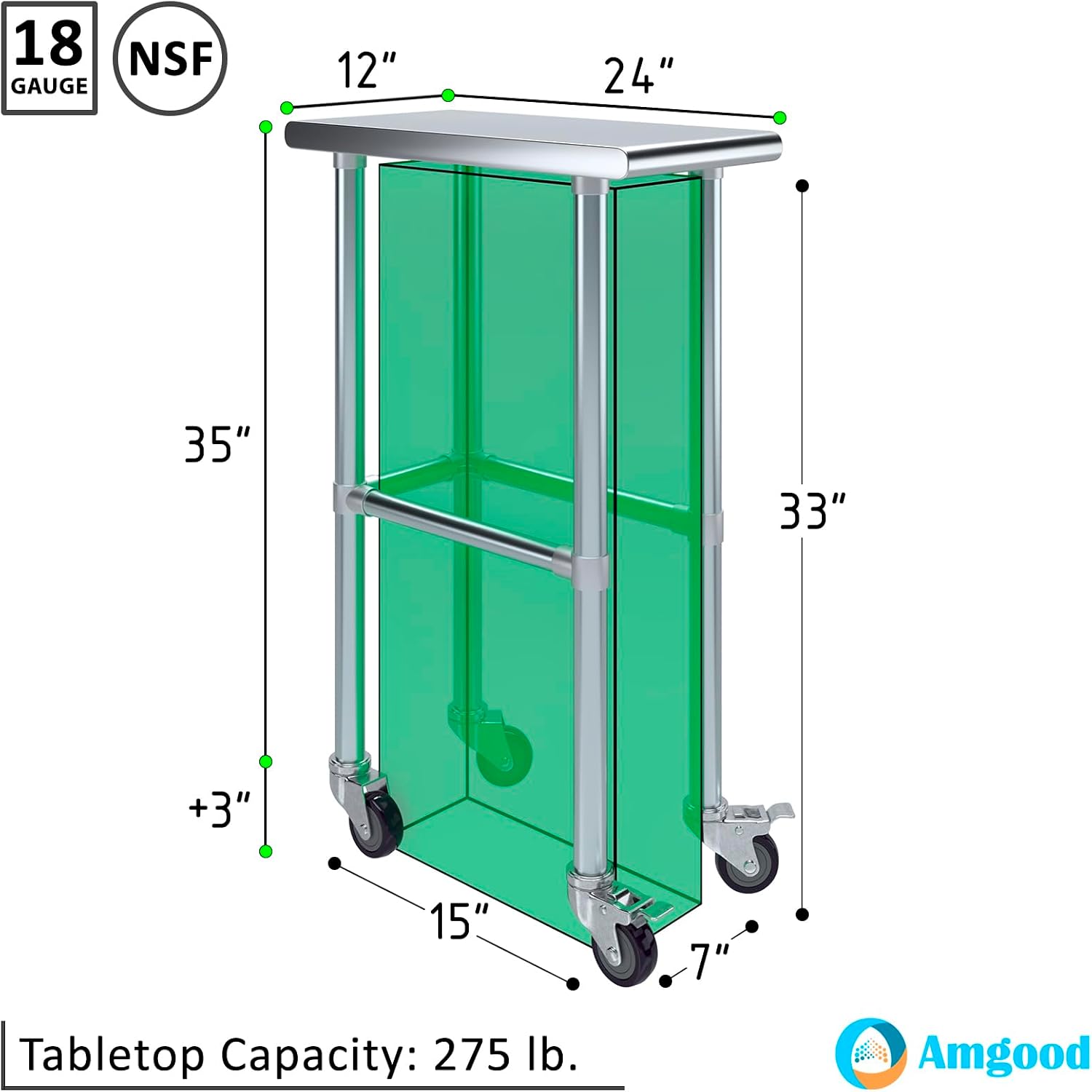 AmGood Stainless Steel Work Table Open Base & Wheels | Work Station | Metal Work Bench (Stainless Steel Work Table Open Base + Casters, 12' Long x 24' Deep)