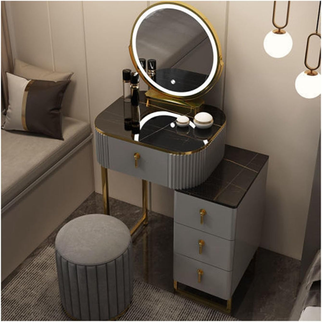 Women Dresser Table Vanity Corner Makeup Table Set Makeup with 4 Drawers Vanity Dressing Table, with LED Lighted Mirror, 3 Color Lighting Modes for Any Woman,1-50cm