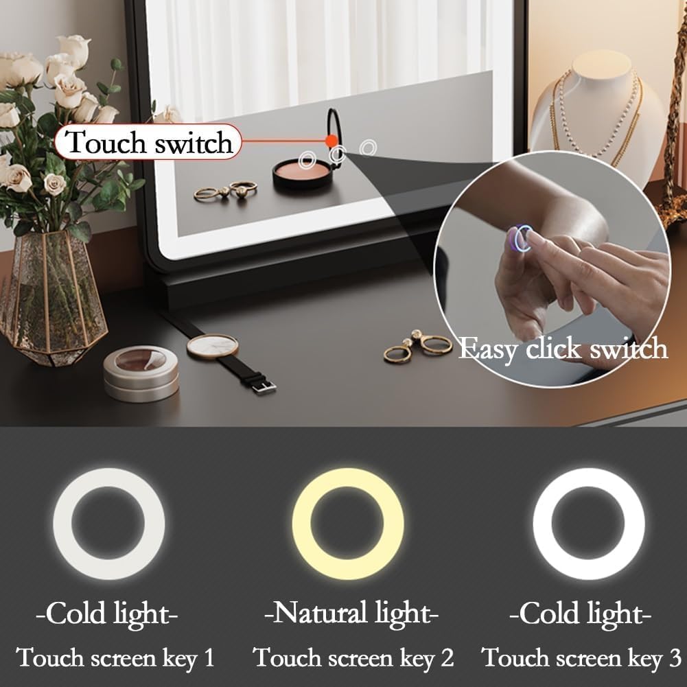 Rieort Vanity Desk Solid Wood Makeup Vanity Set with Led Mirror Vanity Benches Cushion Makeup Chair Home Nightstand Dressing Table