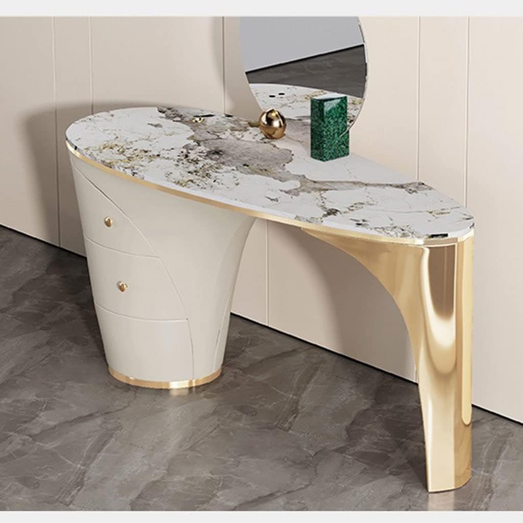 Multifunctional Dressing Desk Oval Slate Dresser Storage Cabinet Integrated Table Solid Copper Handle, Metal Support Frame, Storage Cabinet with 2 Drawers Vanity Makeup Table