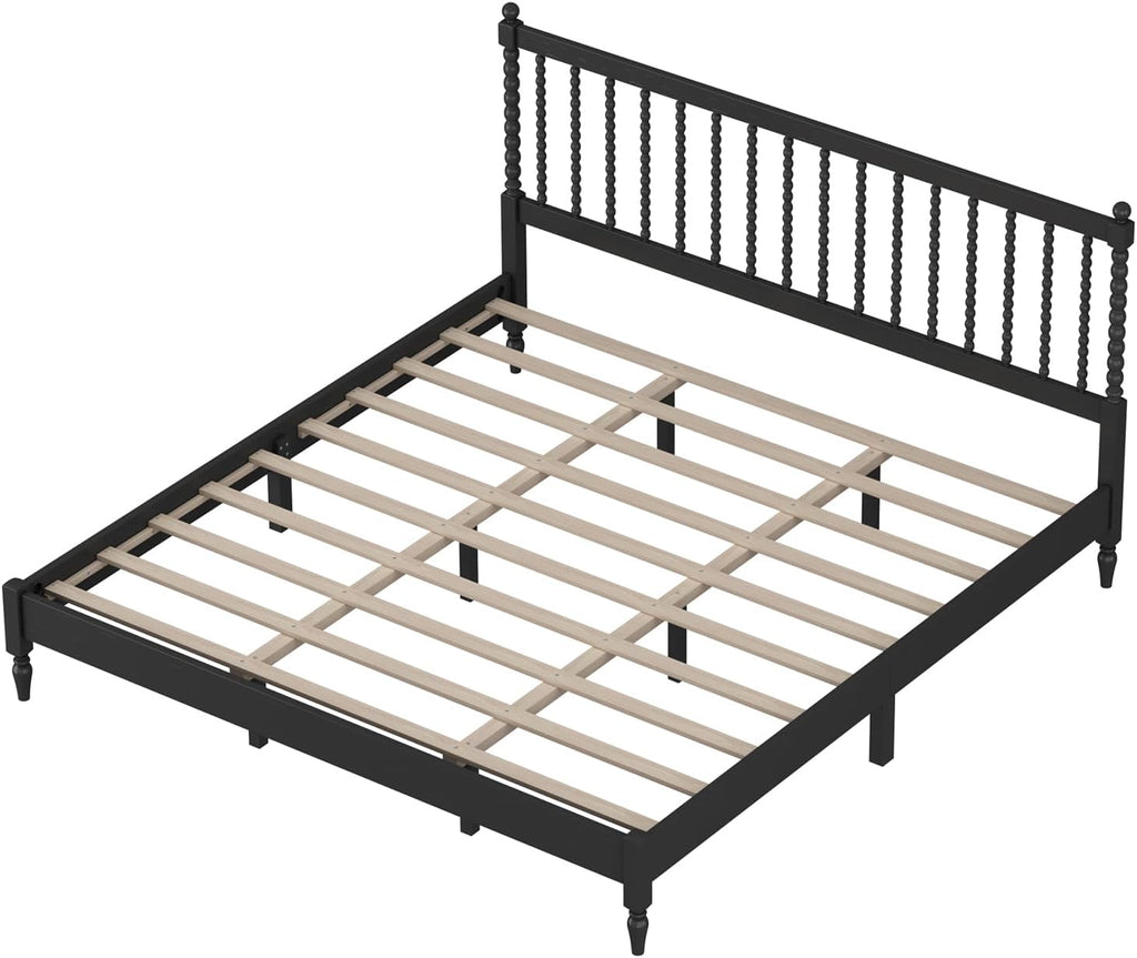 Generic 3 s Bedroom Sets King Size Wood Platform Bed with Gourd Shaped Headboard with 2 Nightstands,Antique Black
