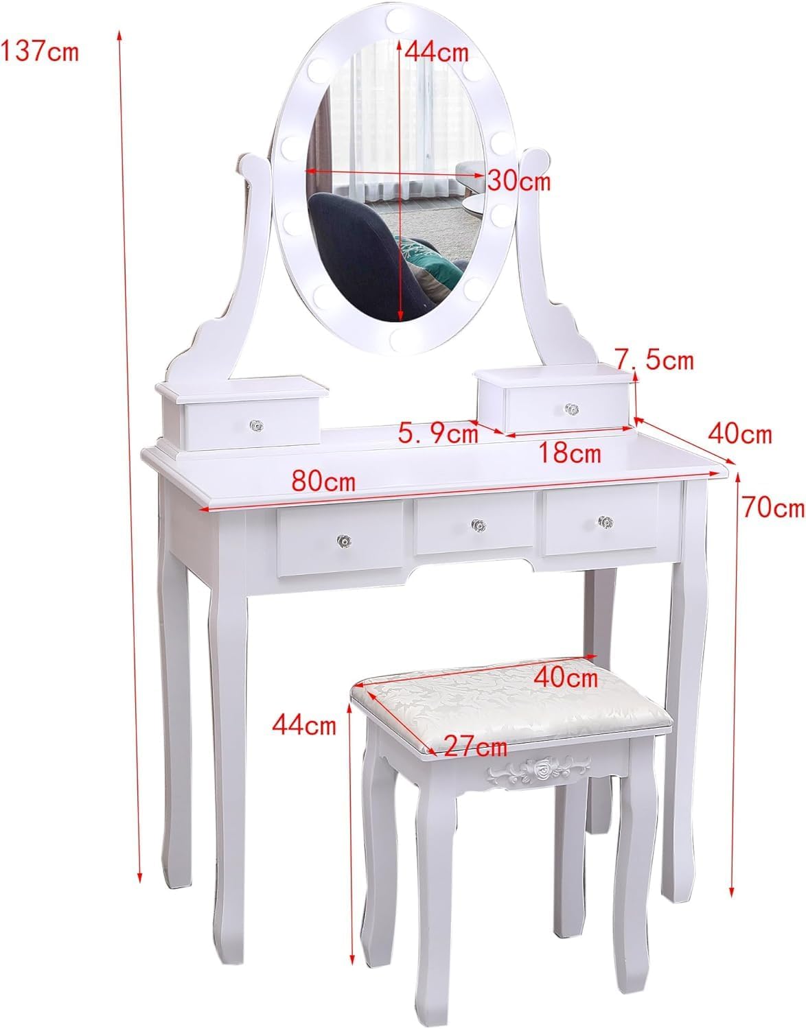 GarveeHome Modern Makeup Vanity, Girls Vanity Set with Lighted Mirror and Cushioned Stool, Make Up Table with 5 Drawers for Bedroom, Dressing Table for Kids Women Girlste