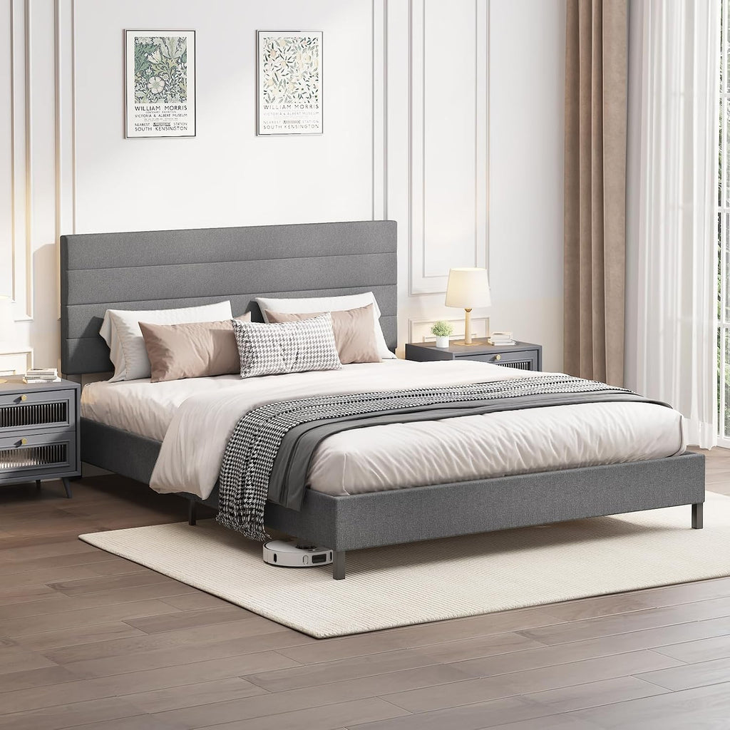 Furnihome Queen Bed Frame, Modern Upholstered Bed Frame with Adjustable Linen Headboard, Wooden Slats Support Platform Queen Size Bed Frames, No Box Spring Needed,Easy Assembly,Dark Grey