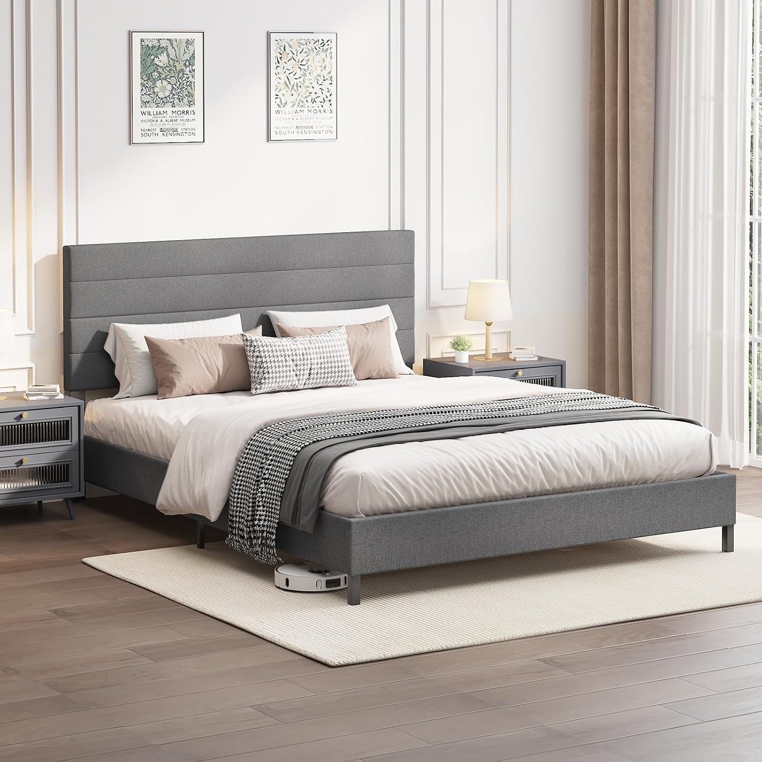 Furnihome Queen Bed Frame, Modern Upholstered Bed Frame with Adjustable Linen Headboard, Wooden Slats Support Platform Queen Size Bed Frames, No Box Spring Needed,Easy Assembly,Dark Grey