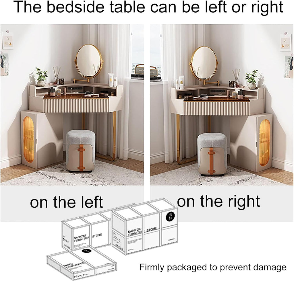 Corner Vanity Desk with Lighted Mirror, Makeup Dressing Table with Drawers, Cabinet and Cushioned Stool, Girls Vanity Desk for Dressing Room, Bedroom