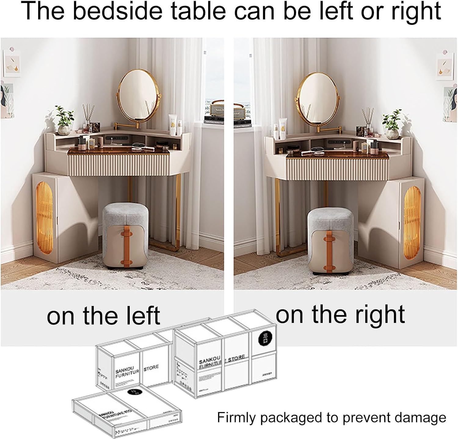 Corner Vanity Desk with Lighted Mirror, Makeup Dressing Table with Drawers, Cabinet and Cushioned Stool, Girls Vanity Desk for Dressing Room, Bedroom