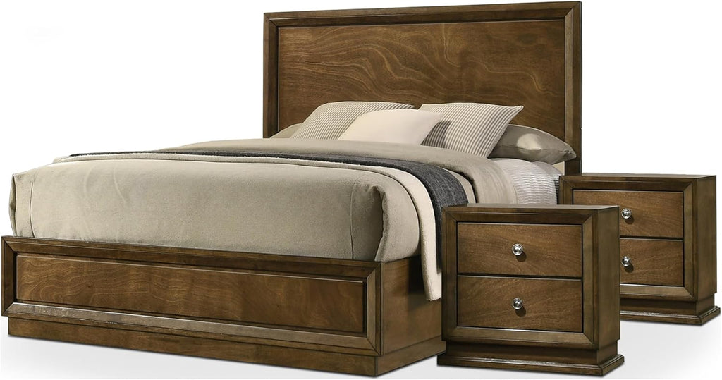 Furniture of America Extan Modern Solid Wood 3-Piece Bedroom Set with Beveled Corner, Metal Center Glide, Zinc Iron Bronze Knobs, Box Spring Needed, Full, Walnut