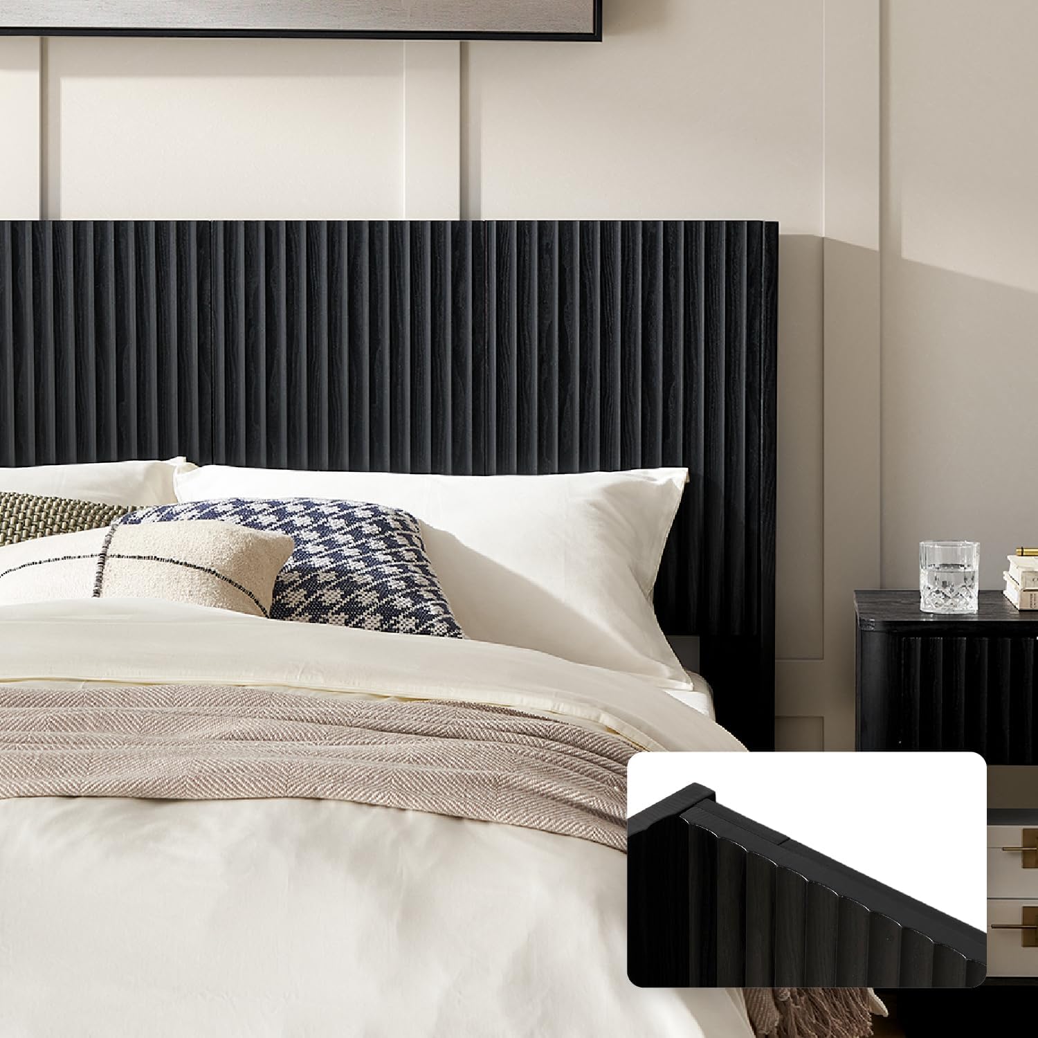 mopio Brooklyn Fluted Panel Wingback Headboard 62.4' - Wall Mount Headboard for Queen Bed, Modern Farmhouse Bedroom Decor, 4-Panel Assembly (Black Oak, Queen)