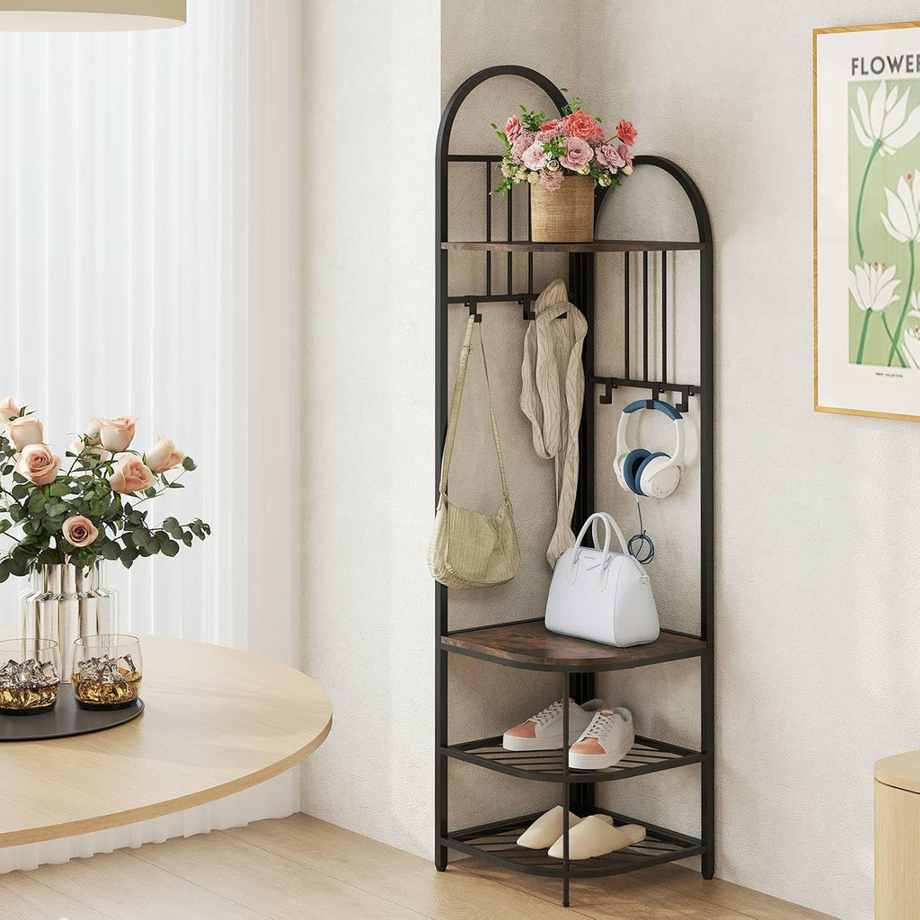 Tall 180cm Freestanding Coat Rack Stand with Shoe Bench, 6 Movable Hooks, 4-Tier Shelves, Rustic Brown & Black Corner Hall Tree nizer for Entryway Storage