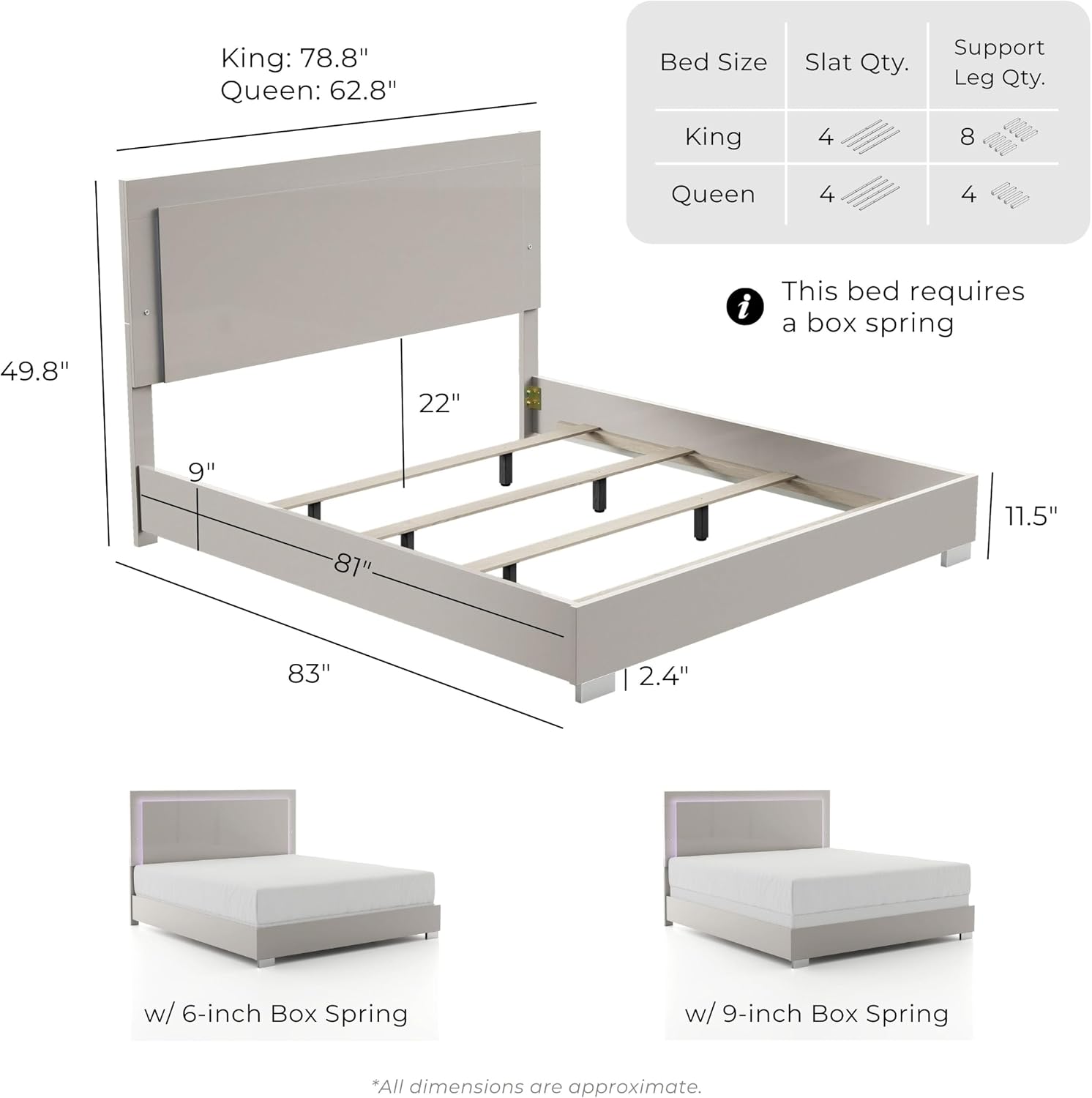 Furniture of America Alistair Modern Wood 2-Piece Bedroom Set with LED on Headboard Bed, Ball-Bearing Glides, Vertical Chrome Handles on Nightstand, Box Spring Required, King, Light Taupe