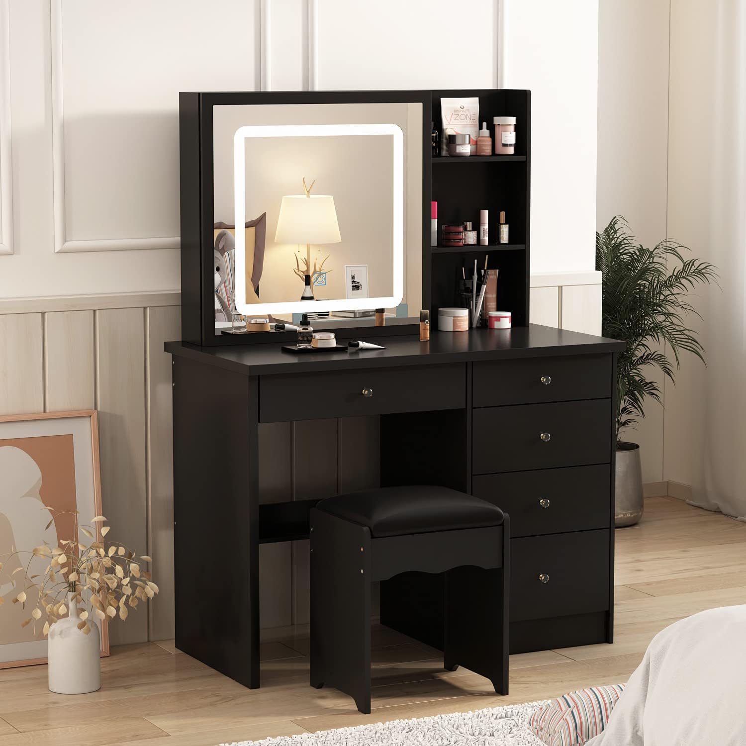 Homsee Vanity Desk Set Makeup Table with Large Sliding Lighted Mirror, Dressing Table with 5 Drawers, Storage Shelves & Cushioned Stool for Bedroom, Black