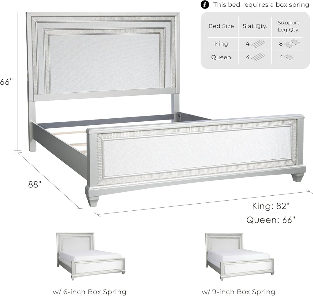 Furniture of America Silvia Glam Solid Wood 6-Piece Bedroom Set with Layered Frame Bed, Faux Crystal Trim LED on Nightstands, Chest and Dresser with Mirror, Box Spring Needed for Bedroom, King, Silver
