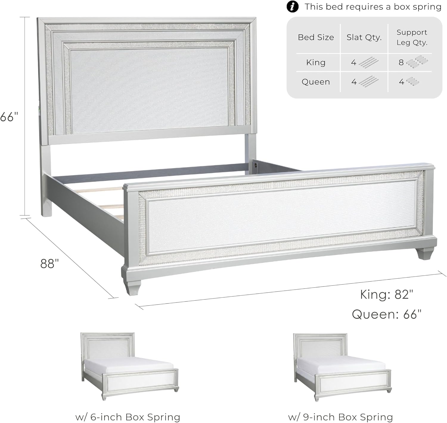 Furniture of America Silvia Glam Solid Wood 6-Piece Bedroom Set with Layered Frame Bed, Faux Crystal Trim LED on Nightstands, Chest and Dresser with Mirror, Box Spring Needed for Bedroom, King, Silver