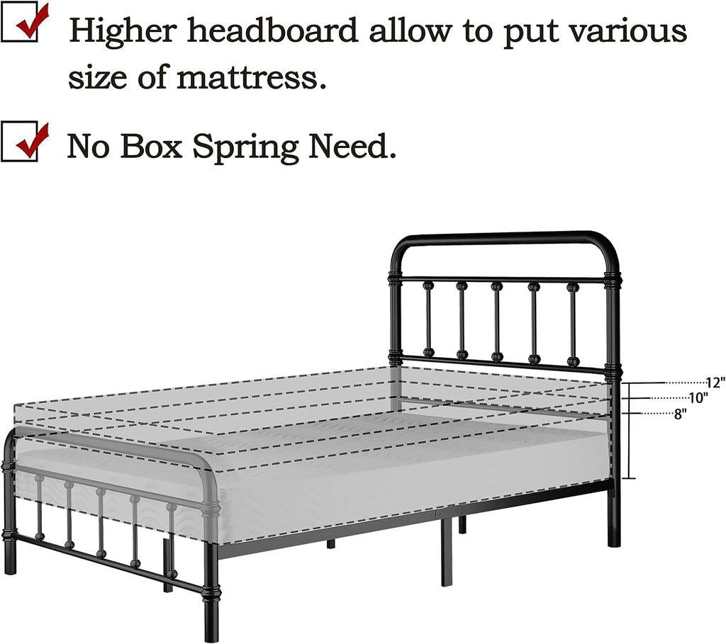 Queen-Bed-Frame with headboard Giselle-Vintage Antique-Metal - Platform Mattress Foundation,49 inch High,No Box Spring Needed(Black)