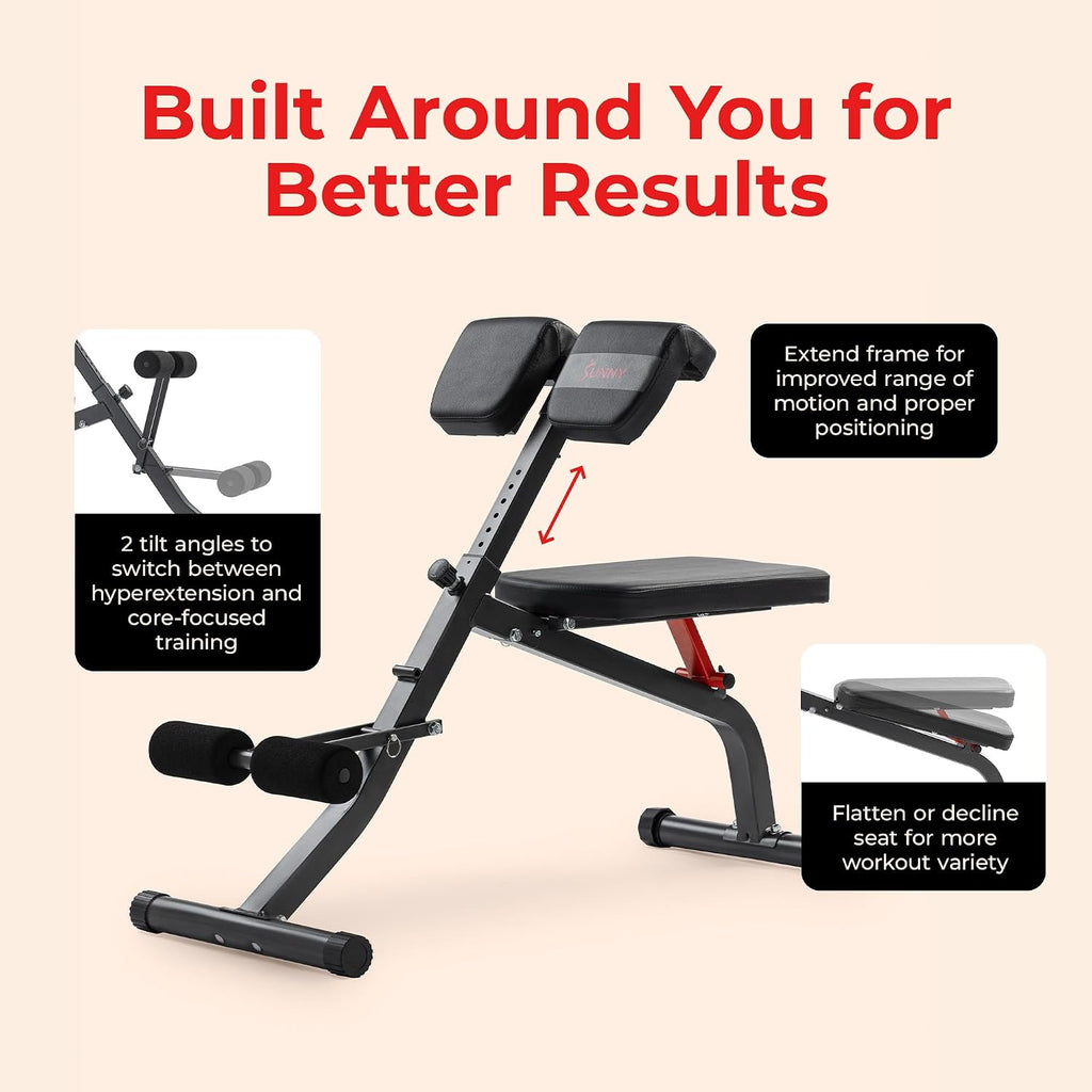 Sunny Health & Fitness Multi-Function Roman Chair with Dip Station & Sit-Up Bench, Adjustable Heavy-Duty Strength Training Equipment for Glutes, Core & Lower Body Workouts, Hyperextension Machine for Home Gym