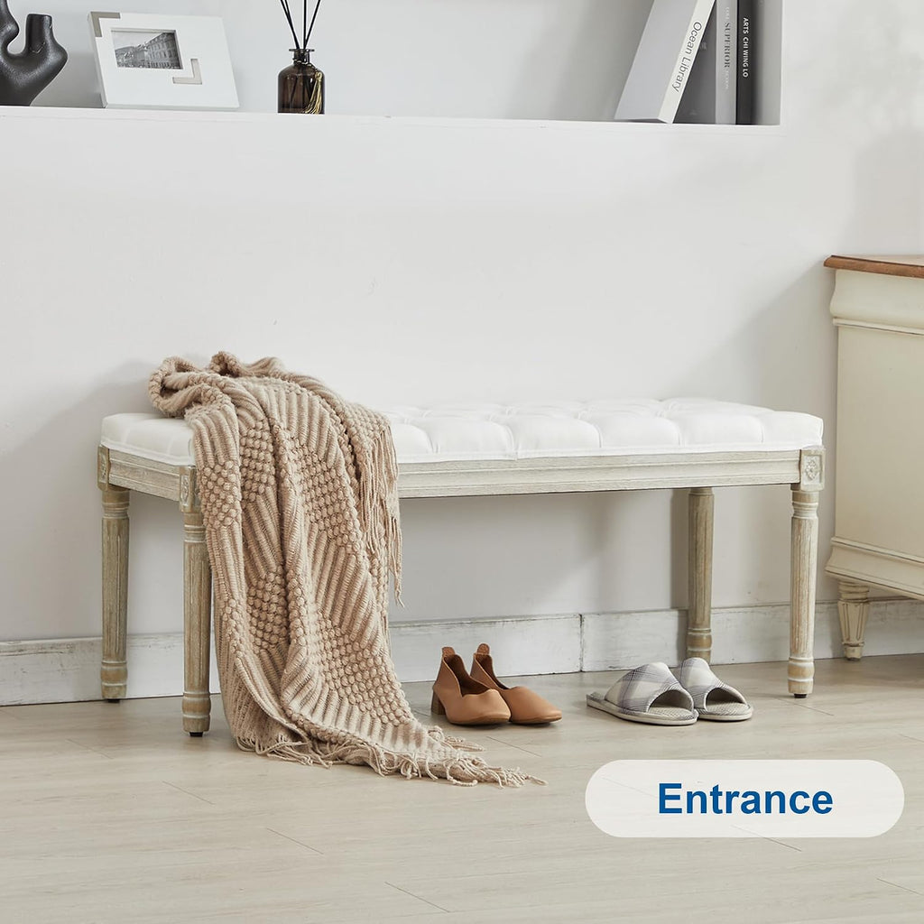 44'' Entryway Bench, Upholstered Button End of Bed Bench, Vintage Bench with Carving Pattern Wood Legs, Vanity Foot-Stool, White