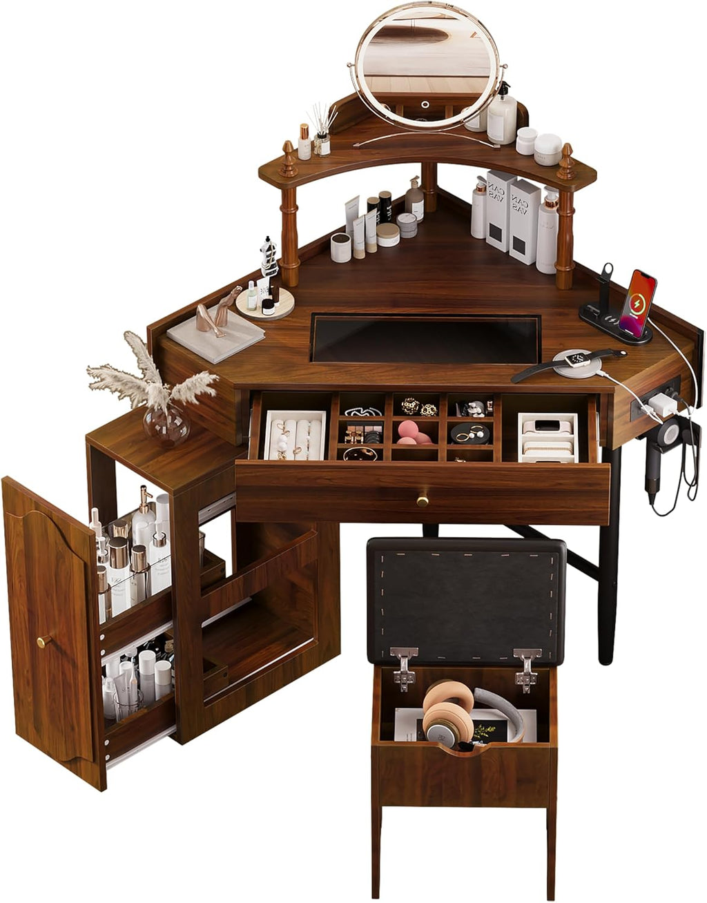Corner Vanity Desk Set with Storage Cushioned Stool and Charging Station, Triangle Makeup Desk with Removable Pull Out Side Cabinet, Glass Tabletop Makeup Vanity Desk with Drawer and Shelf, Walnut