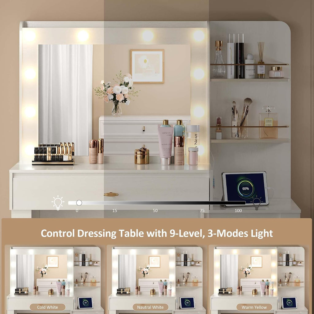 Makeup Vanity Desk with Mirror and 3 Colors Lights, Vanity Table with 10 LED Bulbs & Power Outlet, Large Dressing Table with 4 Drawers, 6 Storage Shelves for Bedroom, Women and Girls, White
