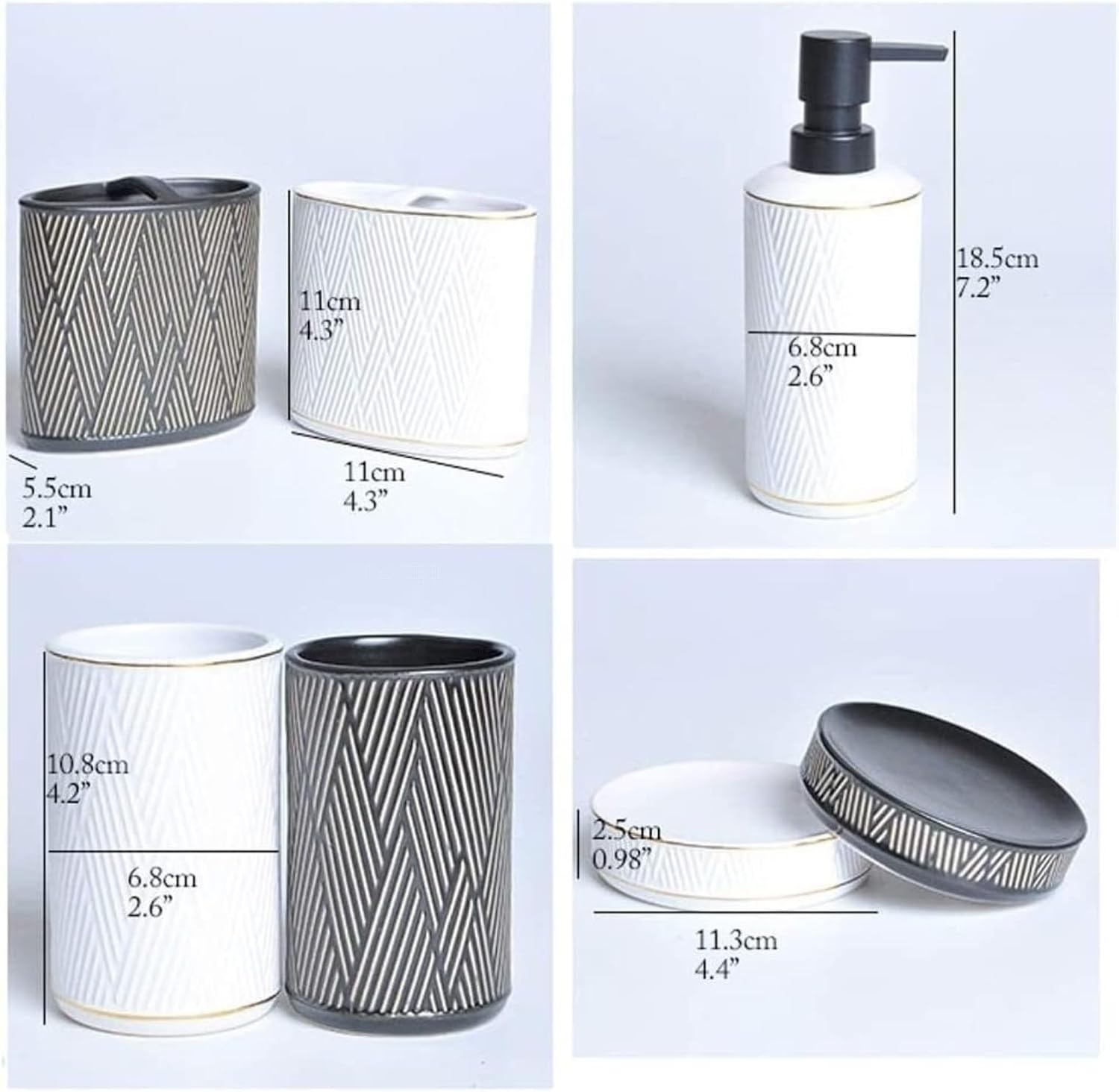 Vanity Bathroom Decor, 6pcs Bathroom Accessories Set Geometric Design Ceramic Bathroom Accessory Set with Soap Dispenser Housewarming Gift(Black)