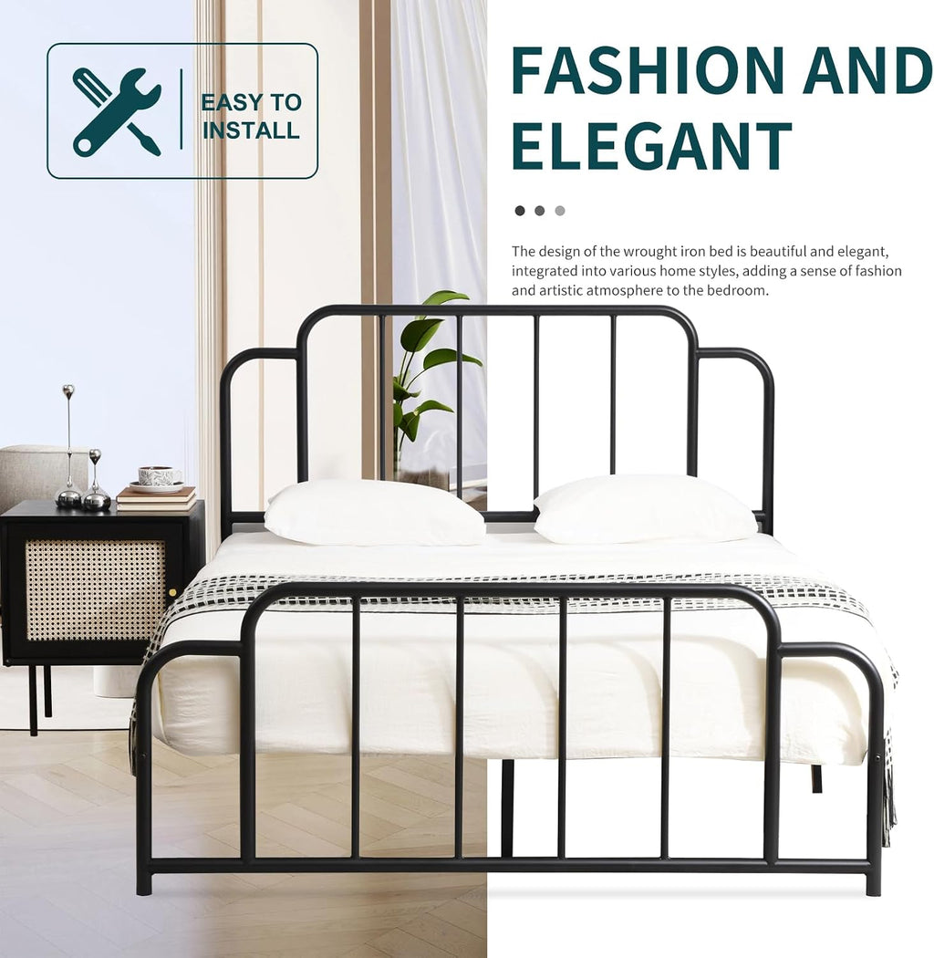 PINJU Metal Platform Bed Frame with Headboard and Footboard, Classic Style, Sturdy Metal Slats, No Box Spring Needed, Easy Installation (Black, Queen)