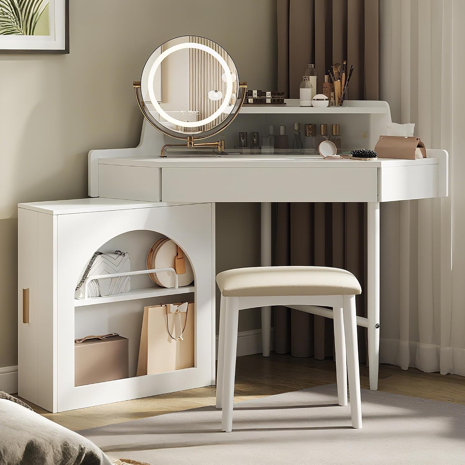 Corner Makeup Vanity Desk with Mirror LED Lights, Vanity Set with Mirror and Stool, Dressing Table with Large Storage for Small Place, Brightness Adjustable Folding Mirror, White