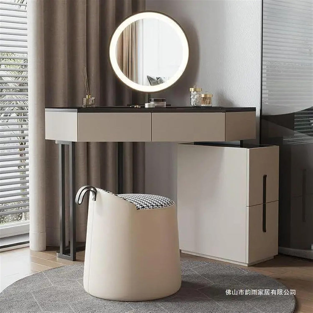 Makeup Vanity Desk Corner Desk Space Saving with Storage Cabinets and Circular Mirrors, Easy Assembly Triangle Vanity with Glass Desktop Writing for Small