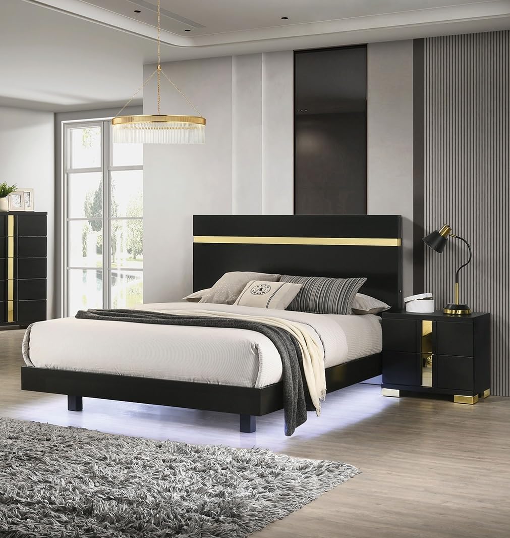 Black 3pc Bedroom Set King Size Bed w LED 2X Nightstands Mattress Ready Furniture Acrylic Trim