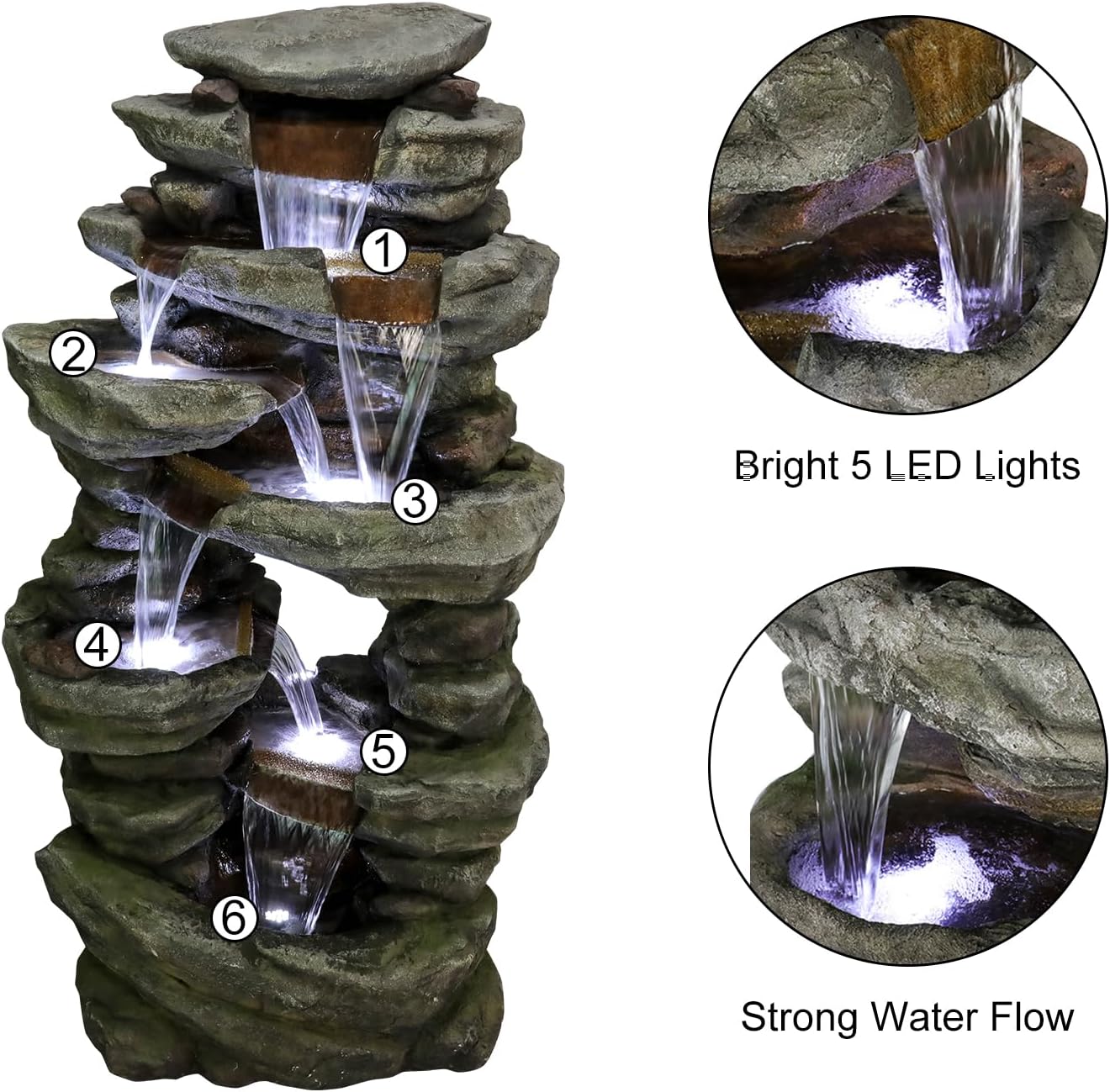 Naturefalls 60' High Outdoor Rock Water Fountain with LED Lights - Mutil-Tiers Poly-Resin Cascading Waterfall Fountain for Garden, Patio, Yard, Home Decor