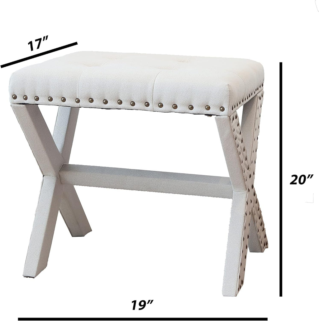 AC Pacific Modern Chic Vanity Stool Upholstered Chair with Soft Linen Fabric, Nailhead Trim, Tufted Seat and Solid Wood Frame, 17' D x 19' W x 20' H Set of 2, Beige