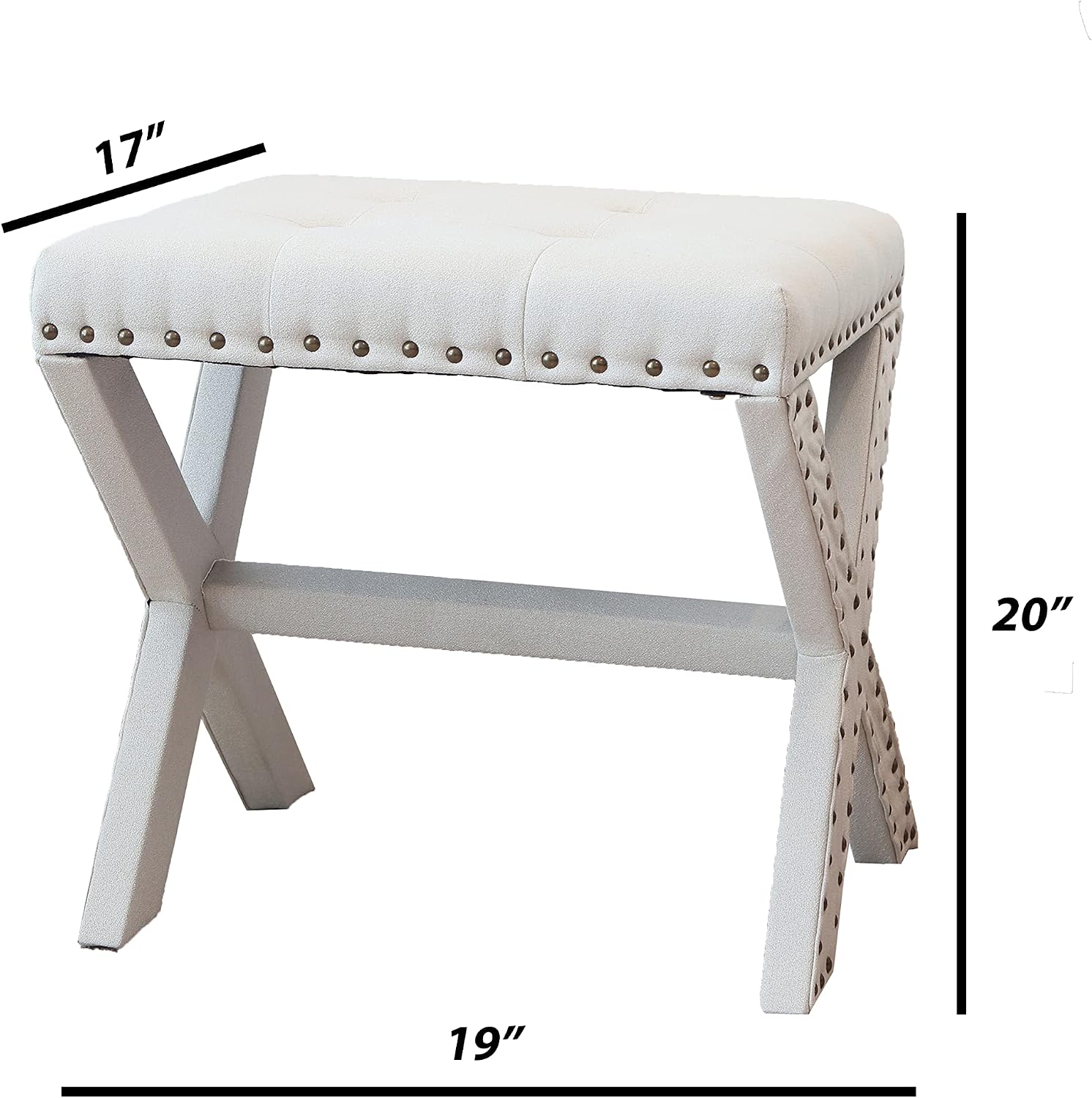 AC Pacific Modern Chic Vanity Stool Upholstered Chair with Soft Linen Fabric, Nailhead Trim, Tufted Seat and Solid Wood Frame, 17' D x 19' W x 20' H Set of 2, Beige