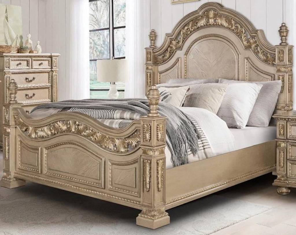 First of a Kind Carolina Gold Finish Traditional 4 Piece King Bedroom Set with Upholstered Tufted Headboard Ornate European Inspired Design Coordinated Furniture Collection