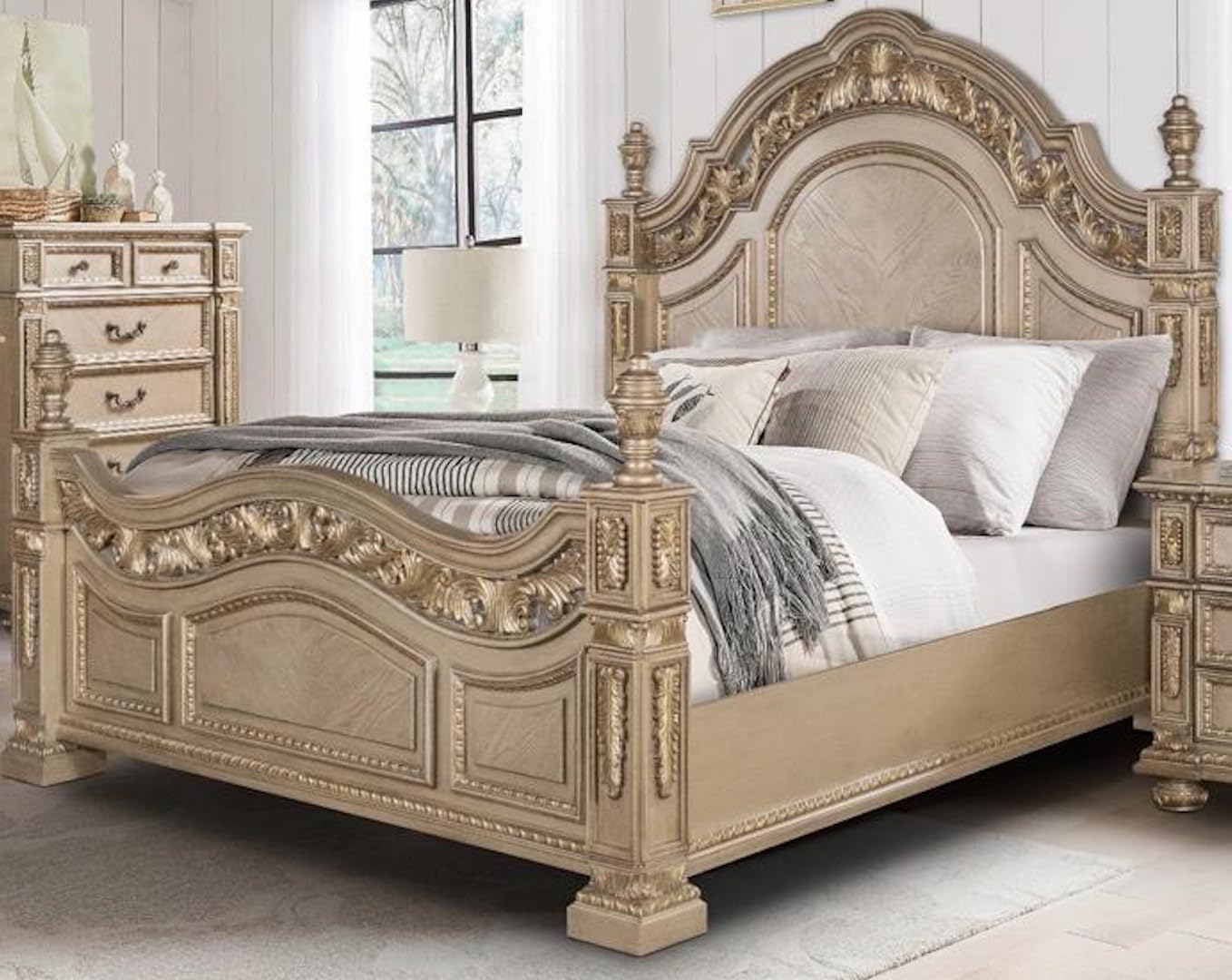 First of a Kind Carolina Gold Finish Traditional 4 Piece Queen Bedroom Set with Upholstered Tufted Headboard Ornate European Inspired Design Coordinated Furniture Collection