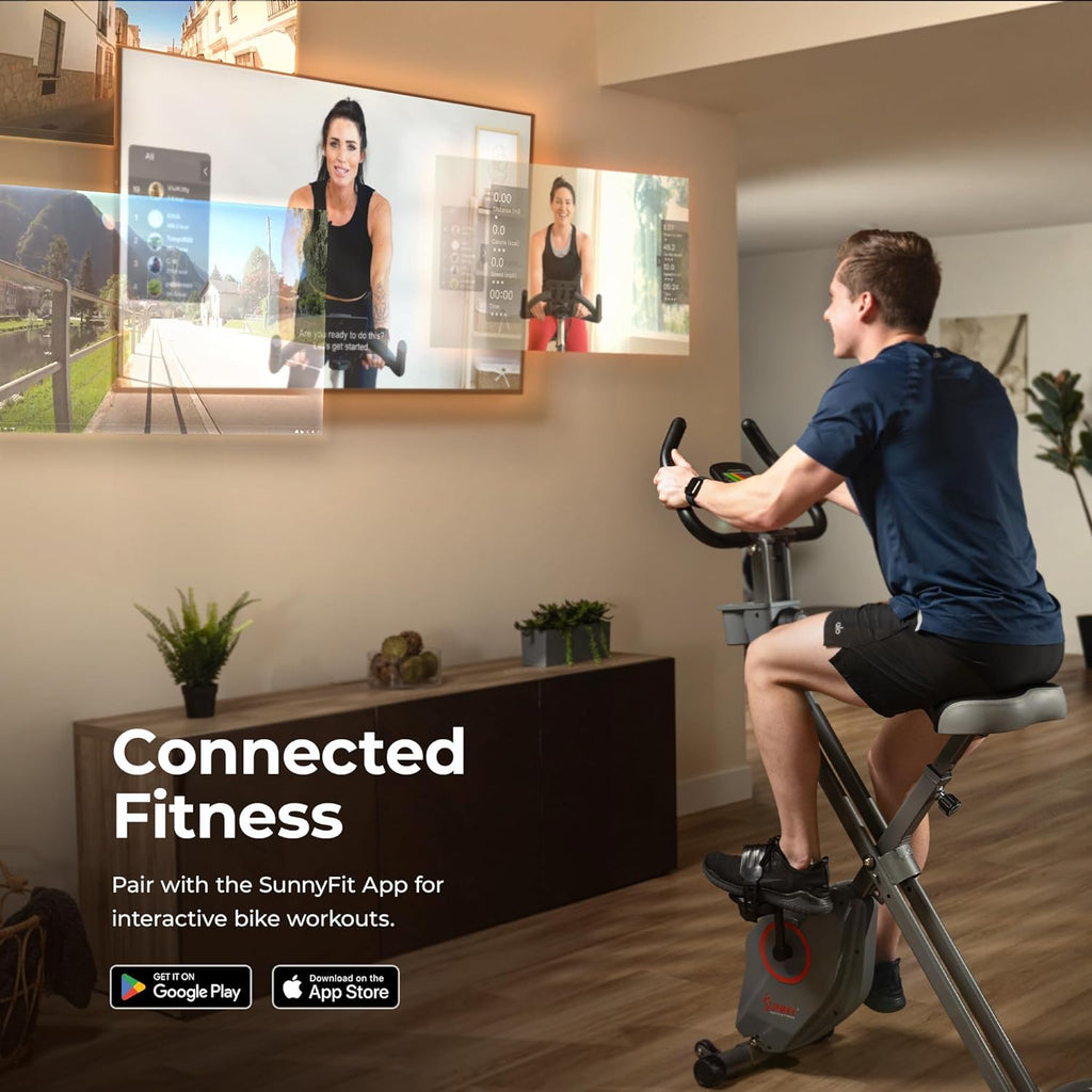 Sunny Health & Fitness Smart Folding X-Bike, Portable Compact Exercise Bike for Indoor Cycling Workout, Home Cardio Training Machine, Free SunnyFit App Bluetooth Connect