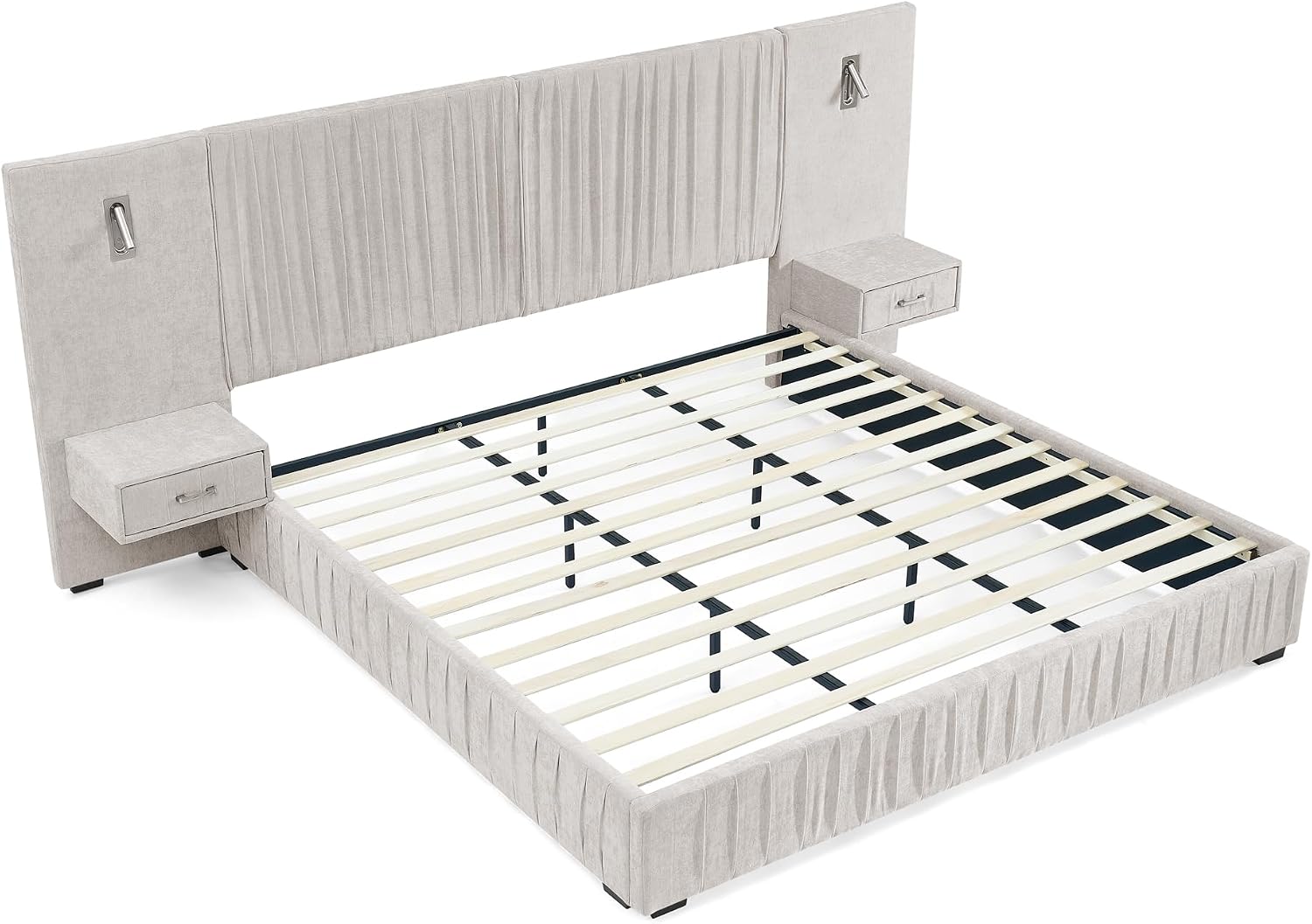 Queen Size Upholstered Platform Bed Frame with Headboard & Built-in Nightstand, Luxury Bed Frame for Modern Bedroom Sets, No Box Spring Needed, Stable & Adjustable Lighting(Beige)