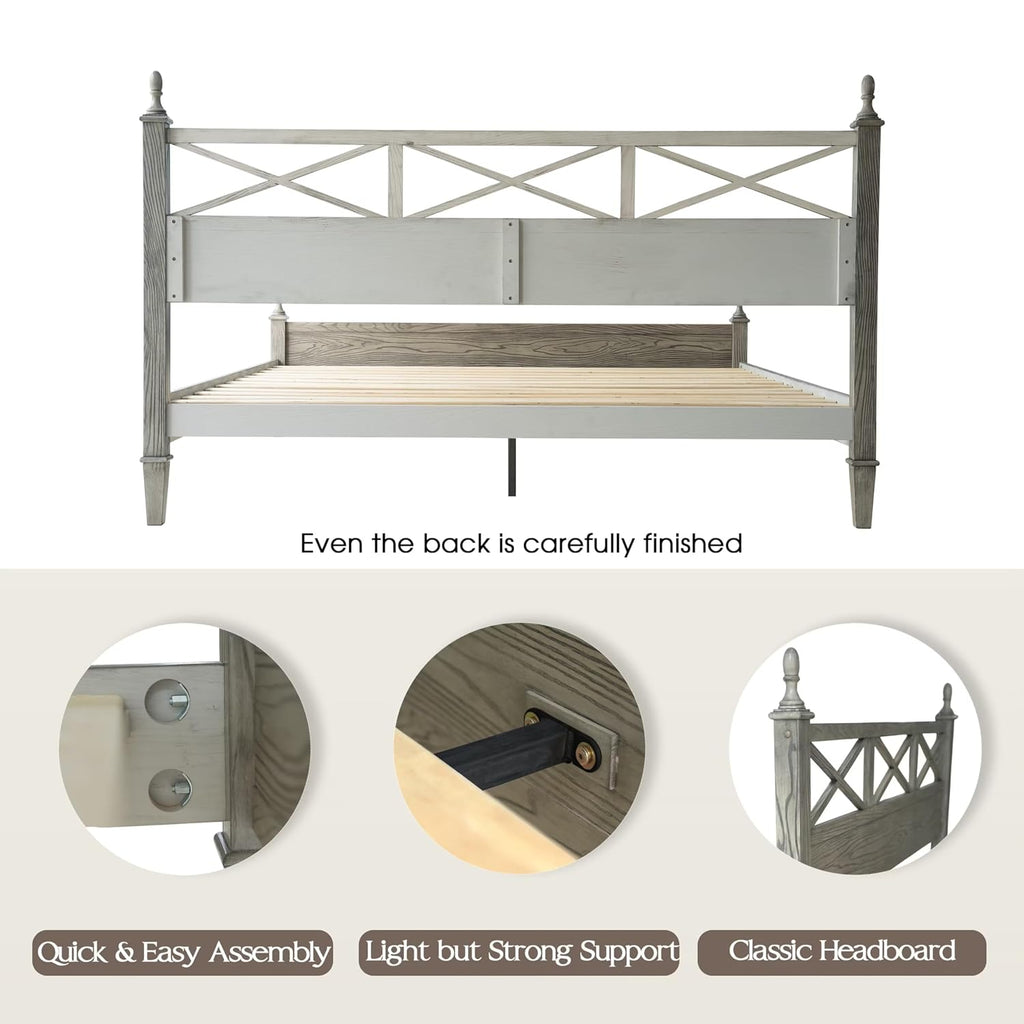 King Size Platform Bed Frame with Solid Wood Headboard & Footboard, 12 Heavy-Duty Slatted, Metal Legs, Anti-Slip & Noise-Free, Easy Assembly, No Box Spring Needed, Weathered Gray Oak Finish RIK-34