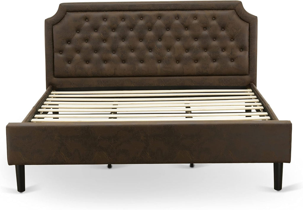 East West Furniture GB25K-1GA06 2-Pc Granbury Bed Set with Button Tufted Platform Bed and 1 Wire Brushed Black Mid Century Modern Nightstand - Dark Brown faux Leather with Black Texture and Black Legs