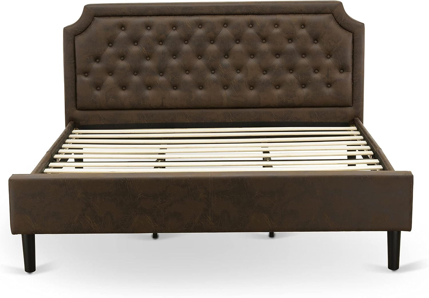 East West Furniture GB25K-1GA06 2-Pc Granbury Bed Set with Button Tufted Platform Bed and 1 Wire Brushed Black Mid Century Modern Nightstand - Dark Brown faux Leather with Black Texture and Black Legs