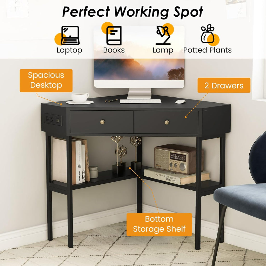 Corner Desk with Charging Station, 90° Triangle Desk w/ 2 Drawers, Storage Shelves, Corner Vanity Table for Bedroom, Compact Computer Desk for Small Space