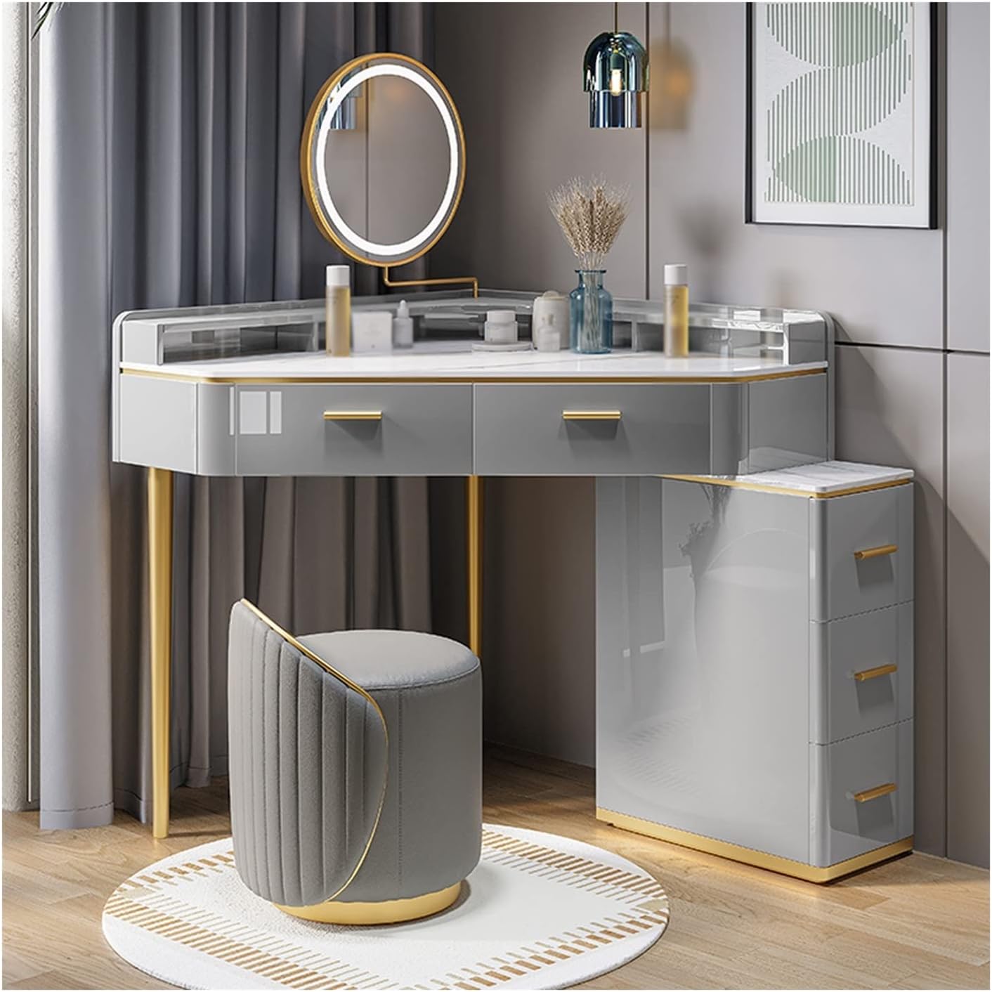 Makeup Vanity Desk Home Grey Corner Vanity Set with Stool and Mirror Slate Corner Dressing Table Bedroom Small Apartment Modern Minimalist Dressing Table Storage Cabinet Corner Dressing Table Dressing