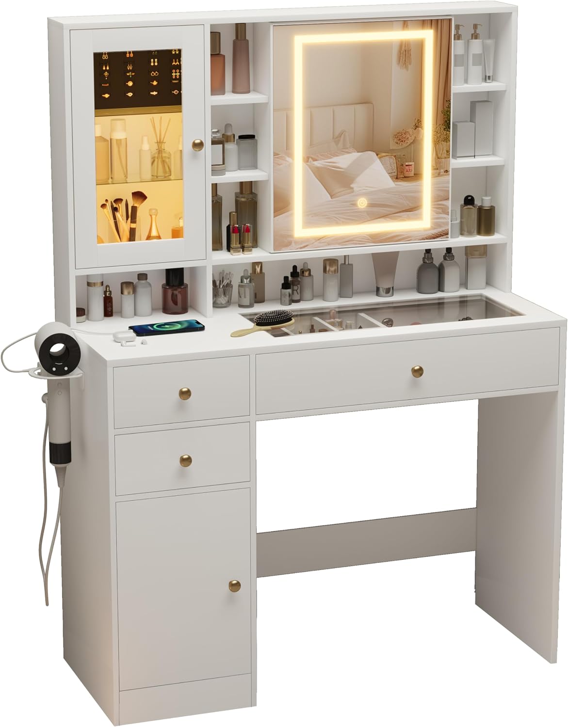 Wodeer Makeup Vanity Desk with Mirror and Lights, White Vanity with Glass Top, Jewelry Storage, Power Outlets, 3 Drawers & 2 Cabinets, Adjustable LED Lighting, Dressing Table for Women & Girls Bedroom