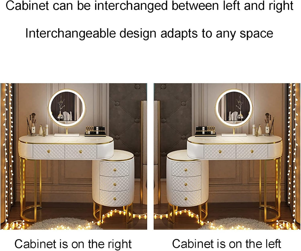 Corner Makeup Table Set Makeup, Women Dresser Table Vanity with 5-6 Drawers, Vanity Dressing Table with 360° Rotating Mirror, Makeup Vanity Benches Vanity Desk ，80cm Grey Round Stool