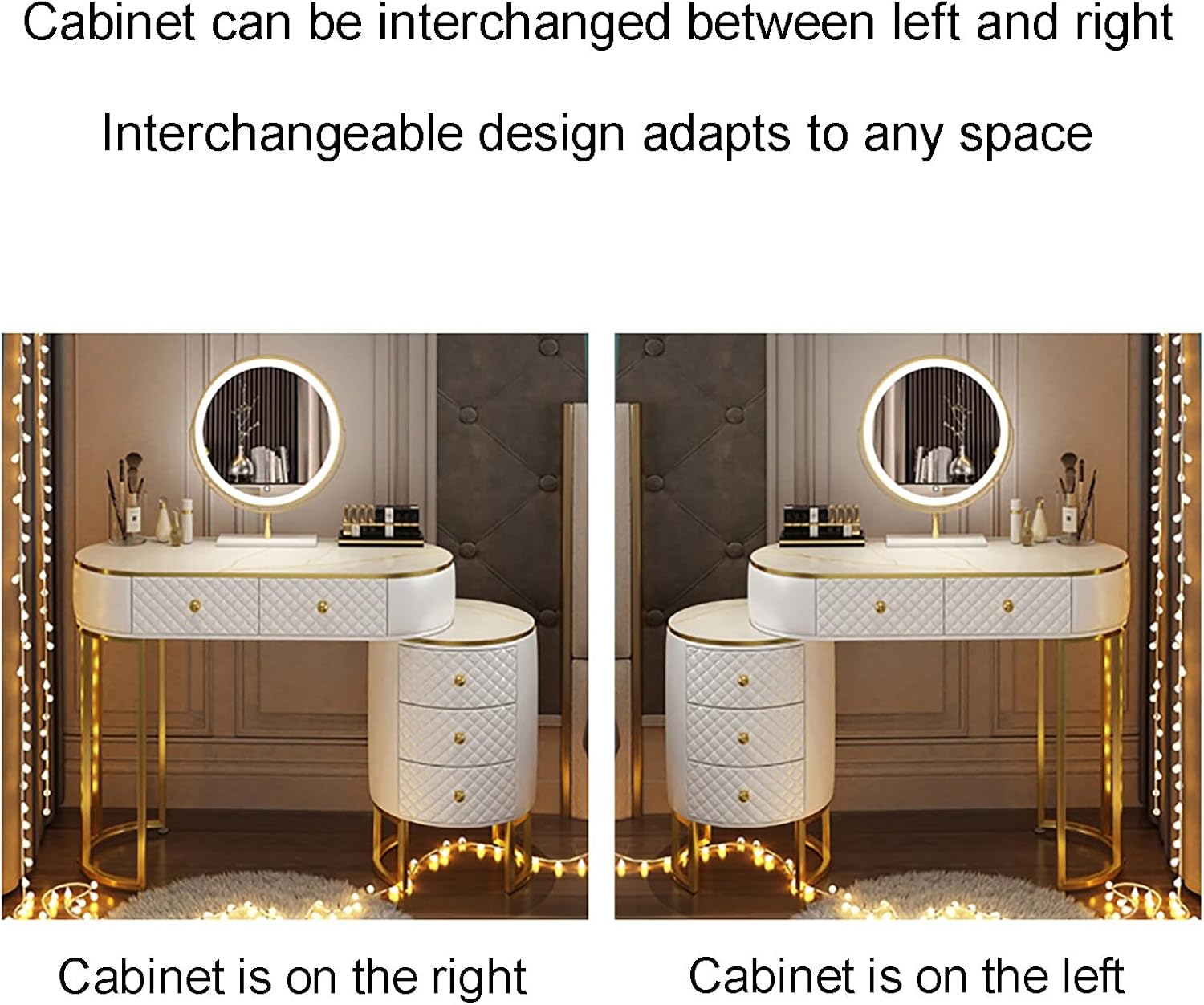 Corner Makeup Table Set Makeup, Women Dresser Table Vanity with 5-6 Drawers, Vanity Dressing Table with 360° Rotating Mirror, Makeup Vanity Benches Vanity Desk(100cm,White)