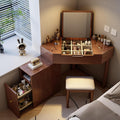 Vanity Desk with Chair, Solid Wood Corner Makeup Vanitys with Flip-Top Mirror, Expandable Storage Cabinet, Interchangeable Left and Right, Dresser with Mirror for Small Spaces(Brown)