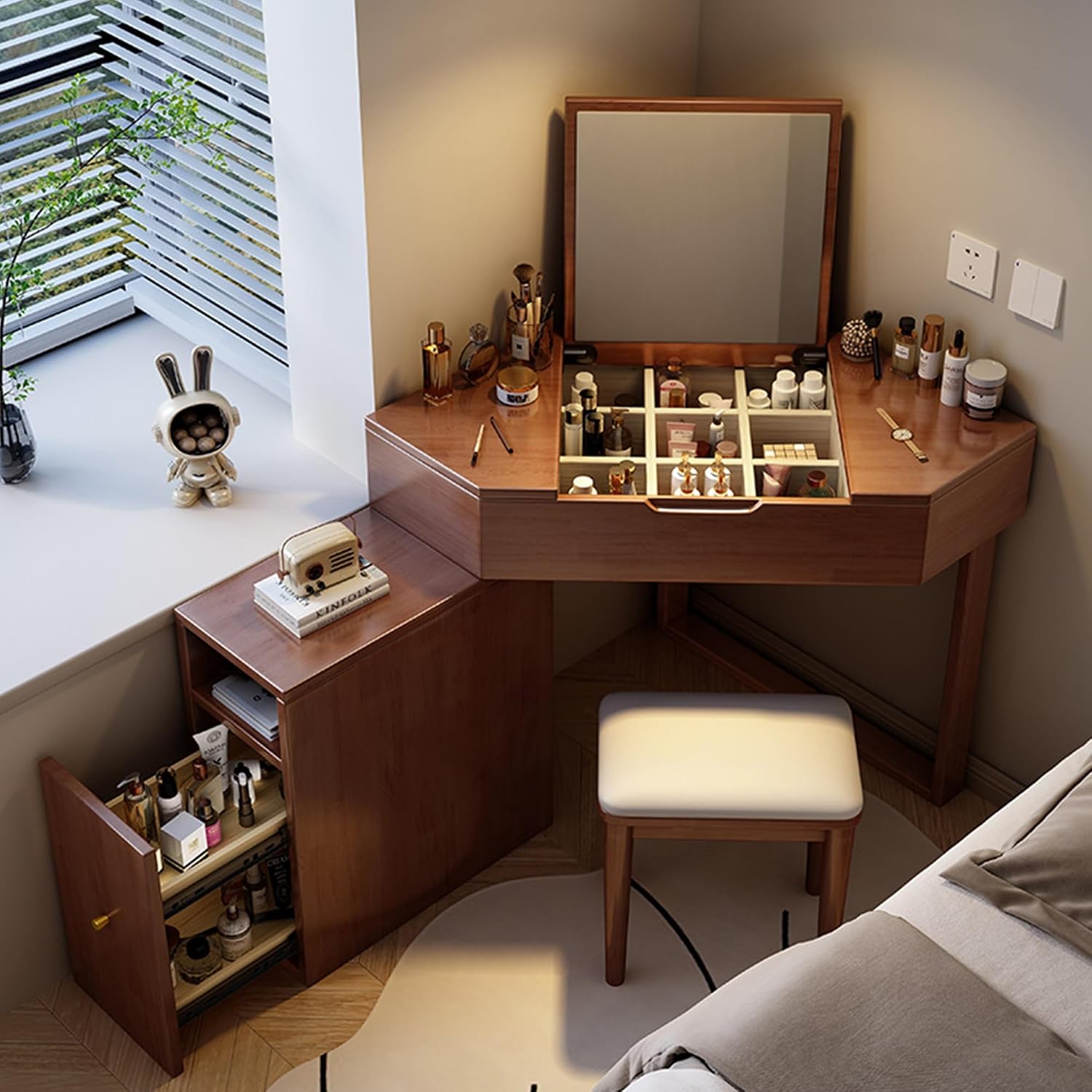 Vanity Desk with Chair, Solid Wood Corner Makeup Vanitys with Flip-Top Mirror, Expandable Storage Cabinet, Interchangeable Left and Right, Dresser with Mirror for Small Spaces(Brown)
