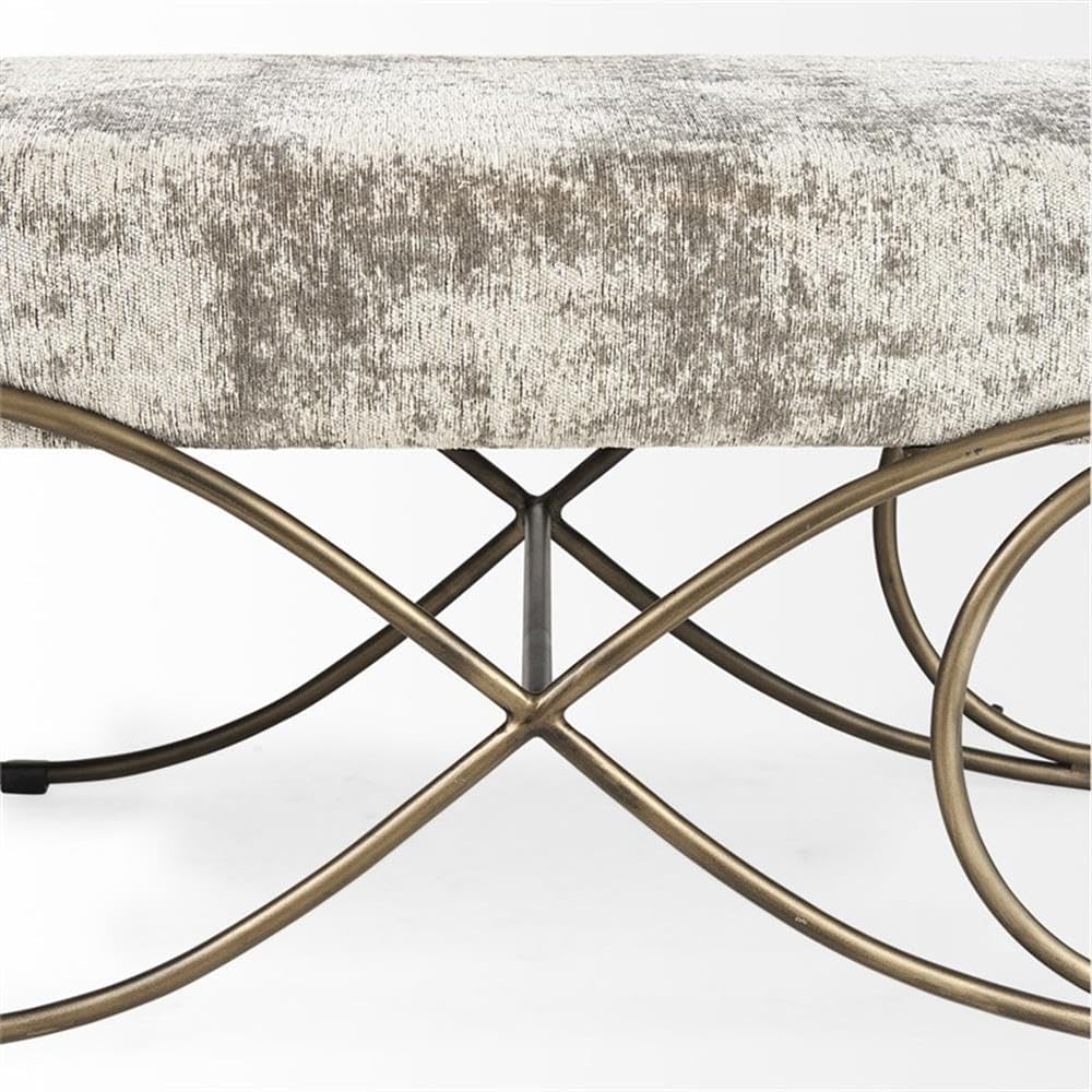 Pemberly Row Vanity Bench, 55 x 17.6 x 18 in, Light and Dark Gray Fabric Seat, Antique Gold Crisscross Metal Frame, Elegant Entryway or Living Room Seating, Versatile Decor Statement Piece