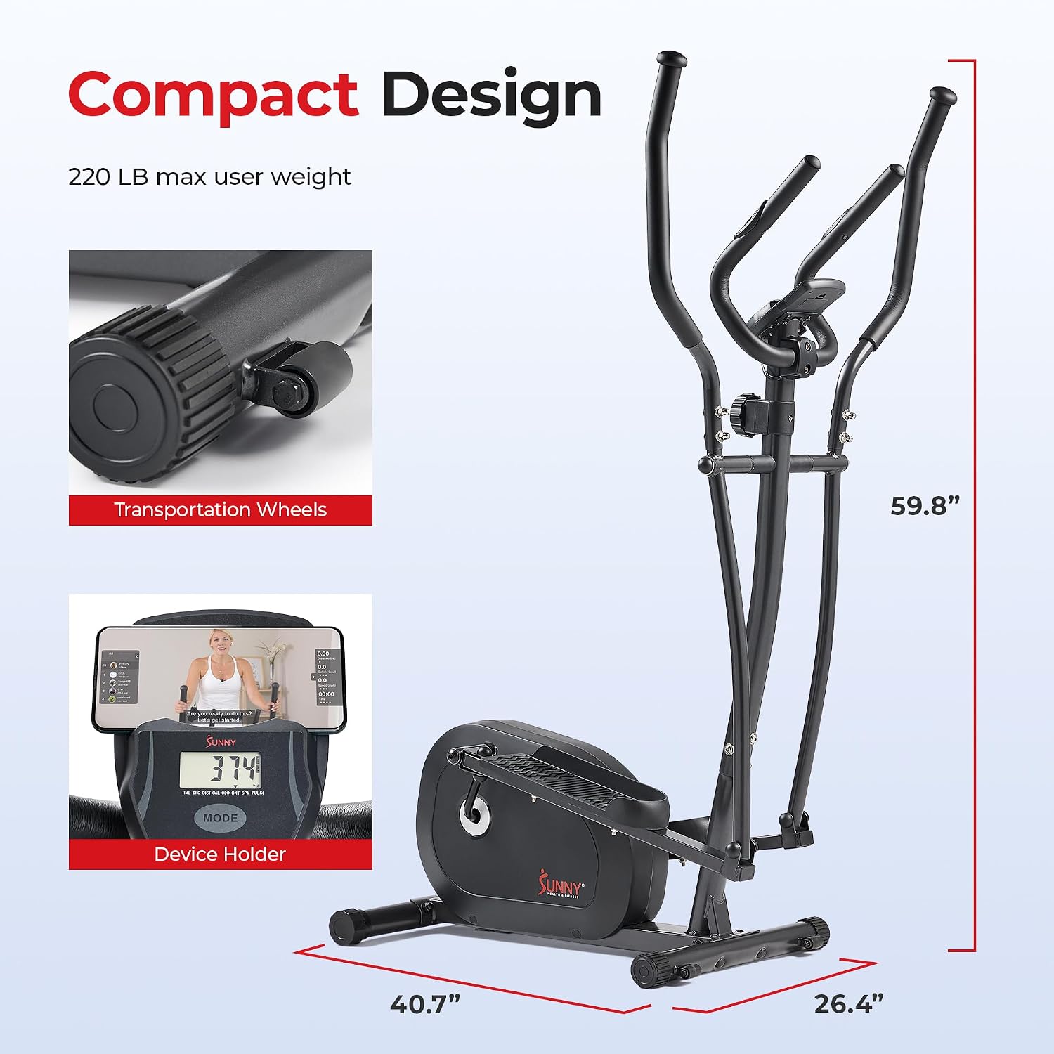 Sunny Health & Fitness Smart Upright Elliptical w/Pulse Sensor Built-in, Indoor Full-Body Cross-Training & Cardio Exercise Machine for Home, Free SunnyFit App Connection