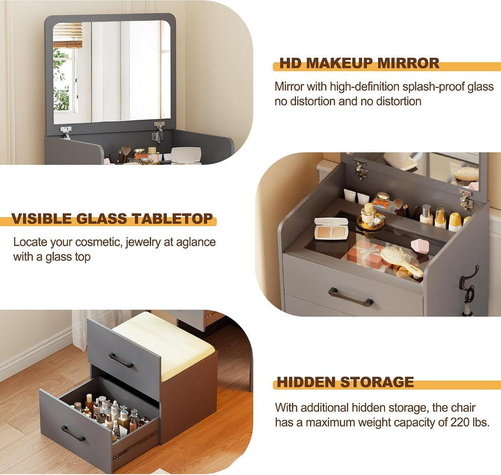 Lvifur Small 3-in-1 Vanity Desk with Mirror, Compact Makeup Table w/Cushioned Stool, Modern Grils' Dressing Table Vanity Set for Apartment, Loft, Dormitory (Grey)