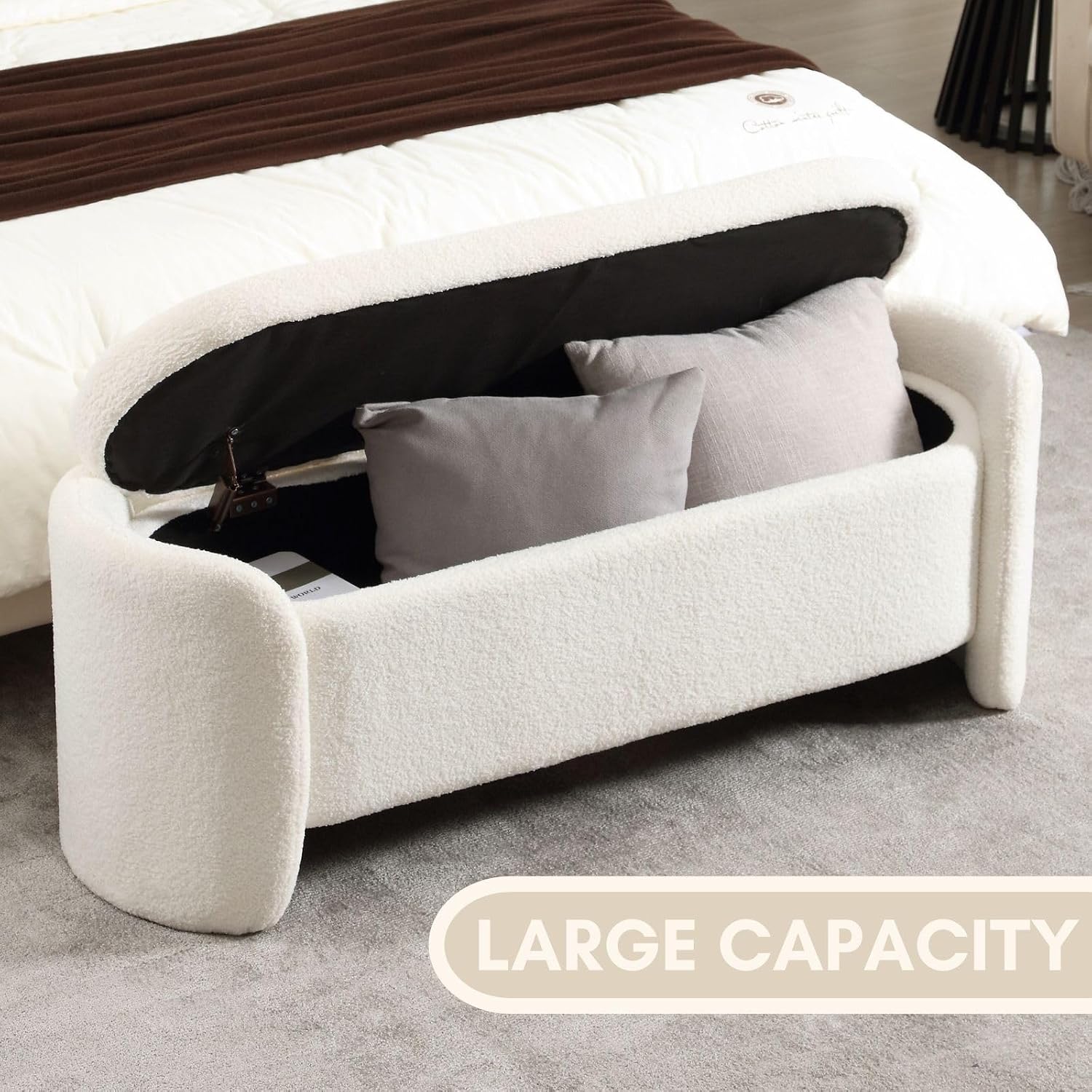 ROCTY White Boucle Storage Bench - 50' Sherpa Ottoman Bench for Bedroom, Entryway, Living Room & Vanity - Teddy Fabric with Storage & Seating